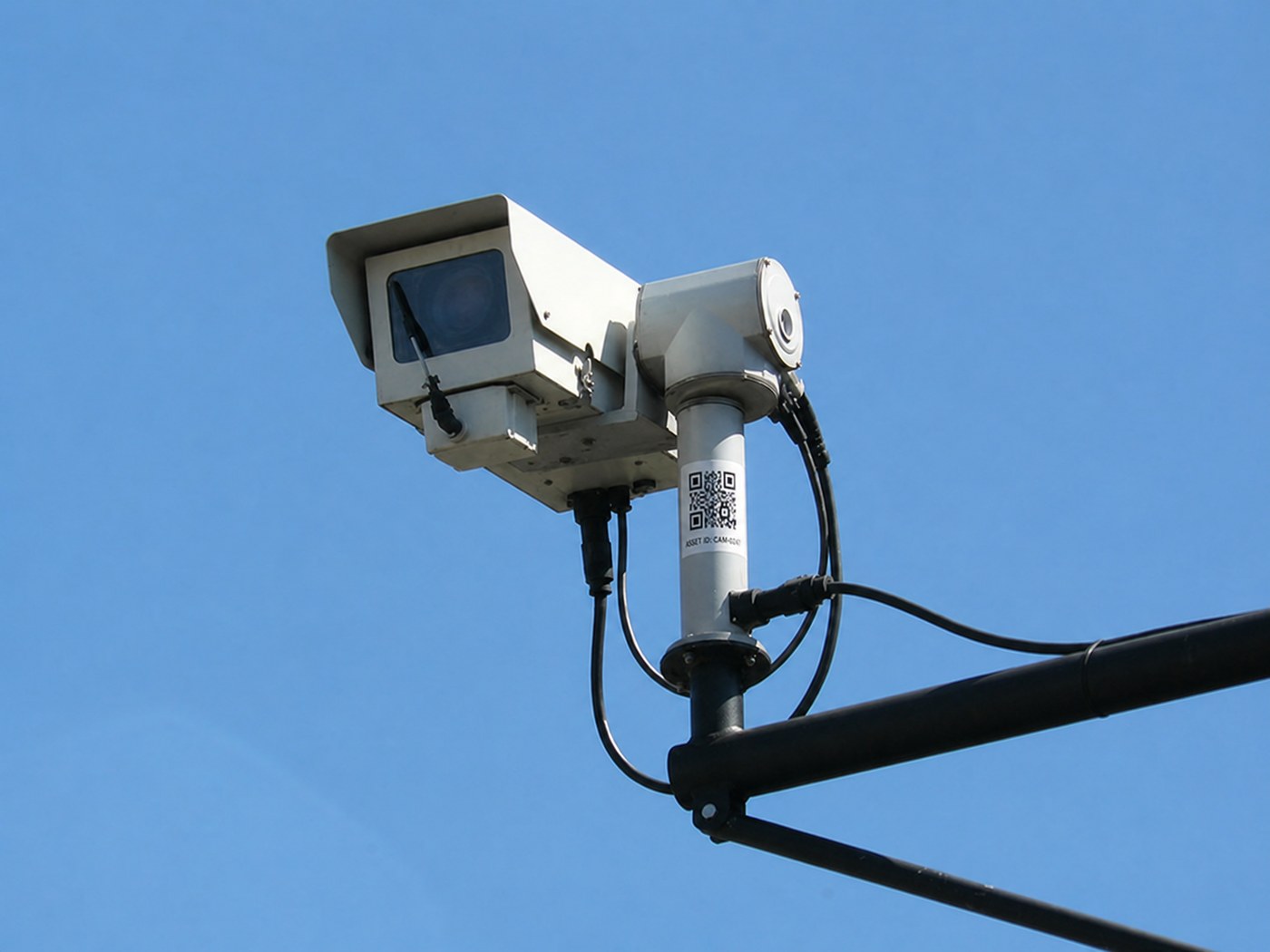 CCTV camera with an attached QR identification label