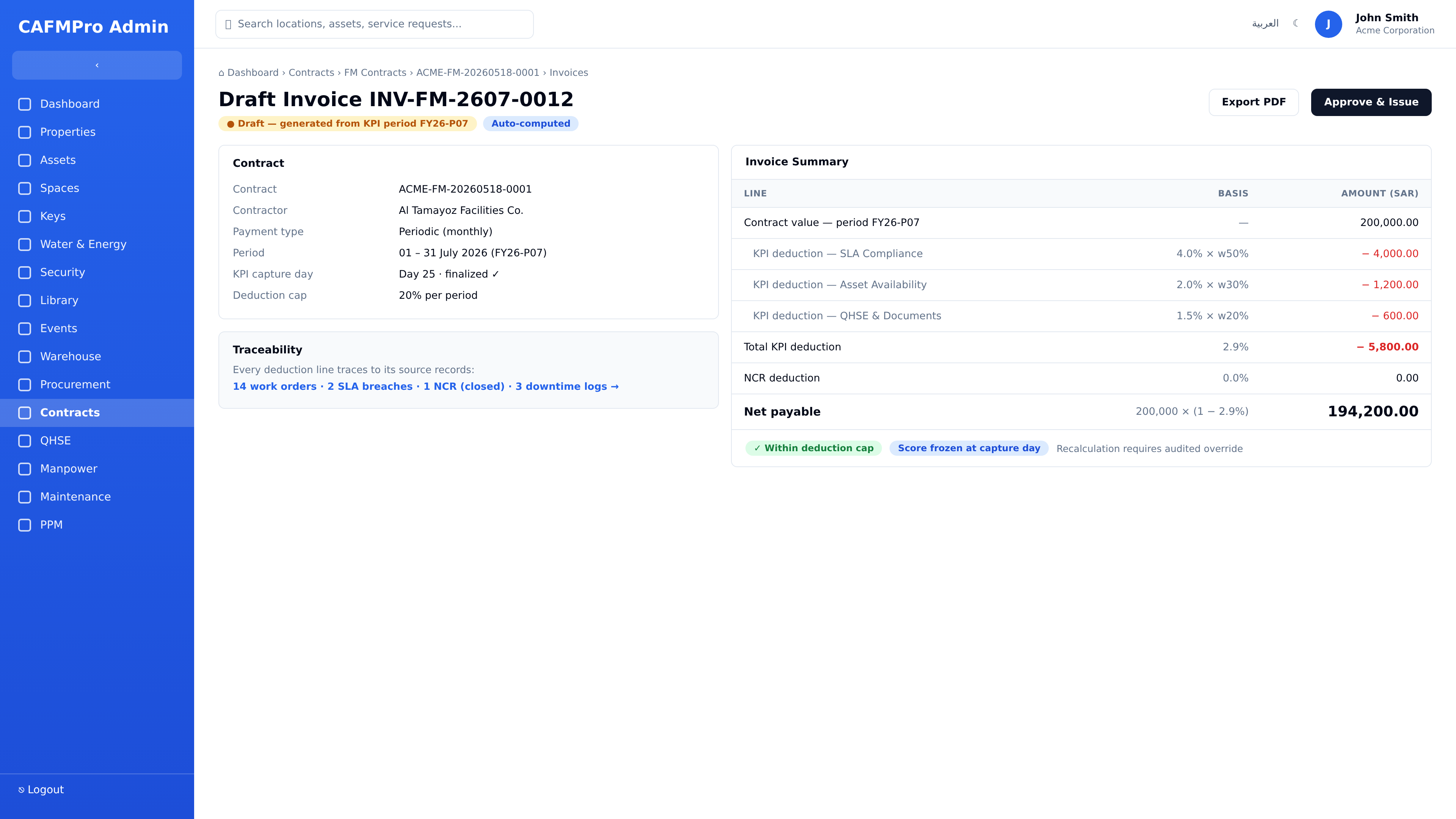 Representative CAFMPRO draft invoice generated from KPI performance